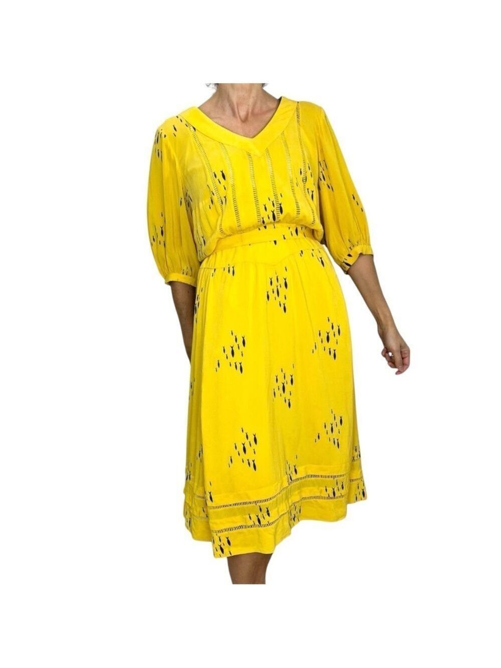 Vintage Ponater Munich designer yellow silk blue fish print blouson midi dress